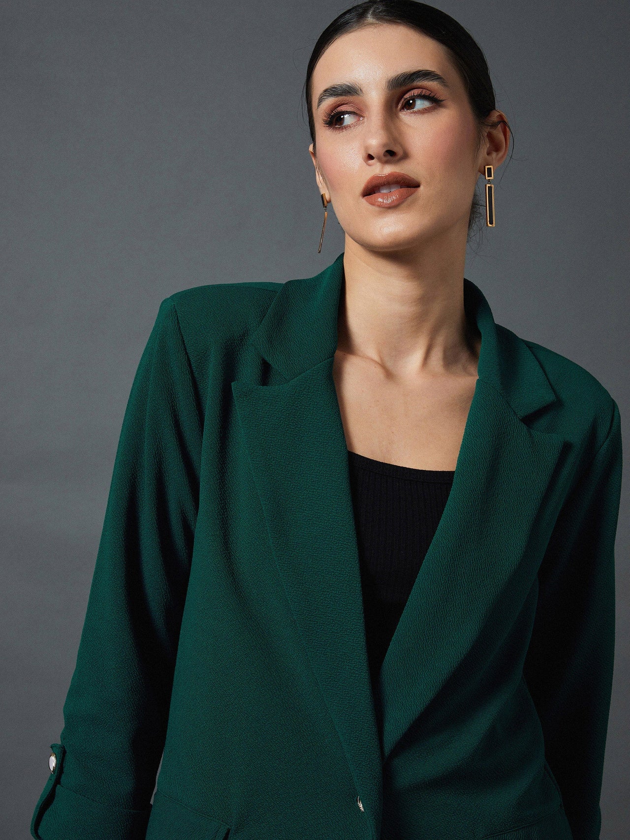 Lyush Women Emerald Green Front Button Blazer