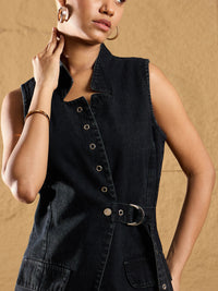 Thumbnail for Lyush Women Black Wash Denim Eyelet Sleeveless Jacket