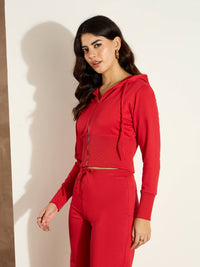 Thumbnail for Lyush Women Red Terry Front Zipper Crop Jacket