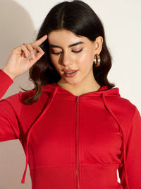 Thumbnail for Lyush Women Red Terry Front Zipper Crop Jacket