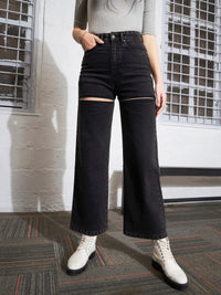 Thumbnail for Lyush Women Black Washed Thigh Cut Out Straight Jeans