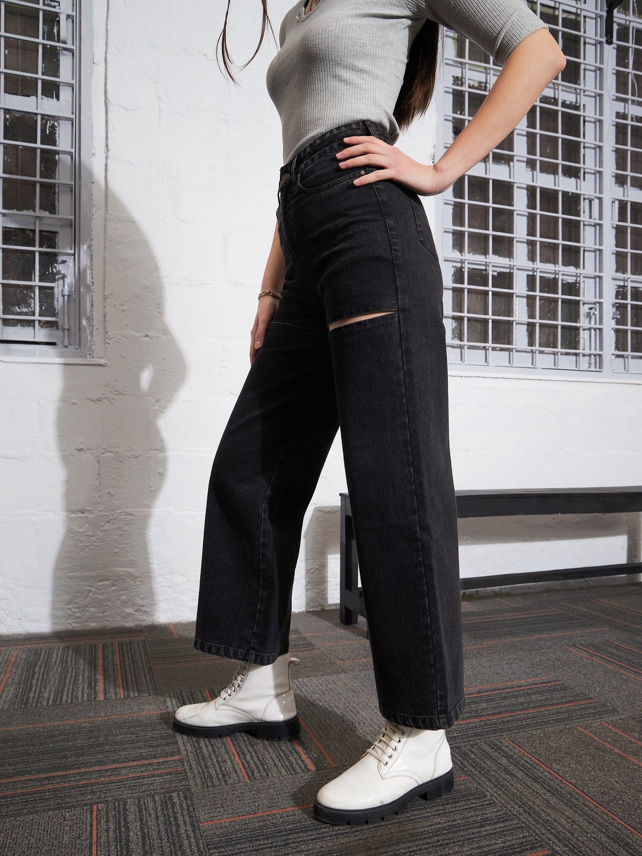 Lyush Women Black Washed Thigh Cut Out Straight Jeans