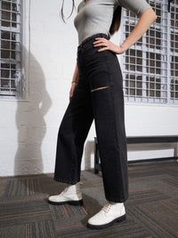 Thumbnail for Lyush Women Black Washed Thigh Cut Out Straight Jeans