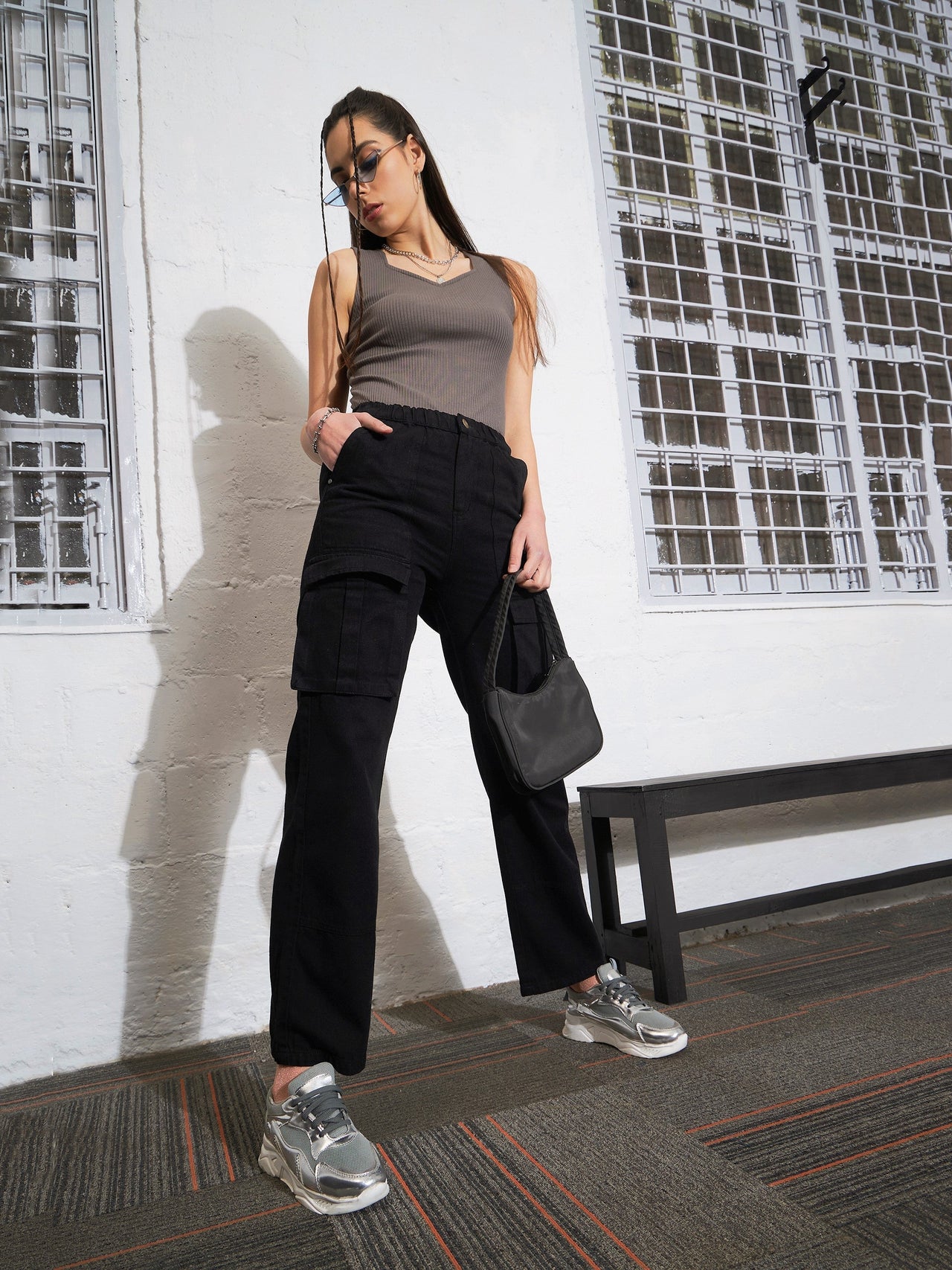 Lyush Women Black Box Pocket Cargo Jeans