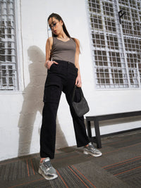 Thumbnail for Lyush Women Black Box Pocket Cargo Jeans