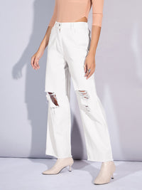 Thumbnail for Lyush Women White Twill Distress Frayed Hem Jeans