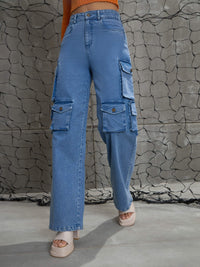 Thumbnail for Lyush Women Blue Denim Multi Pockets Cargo Jeans