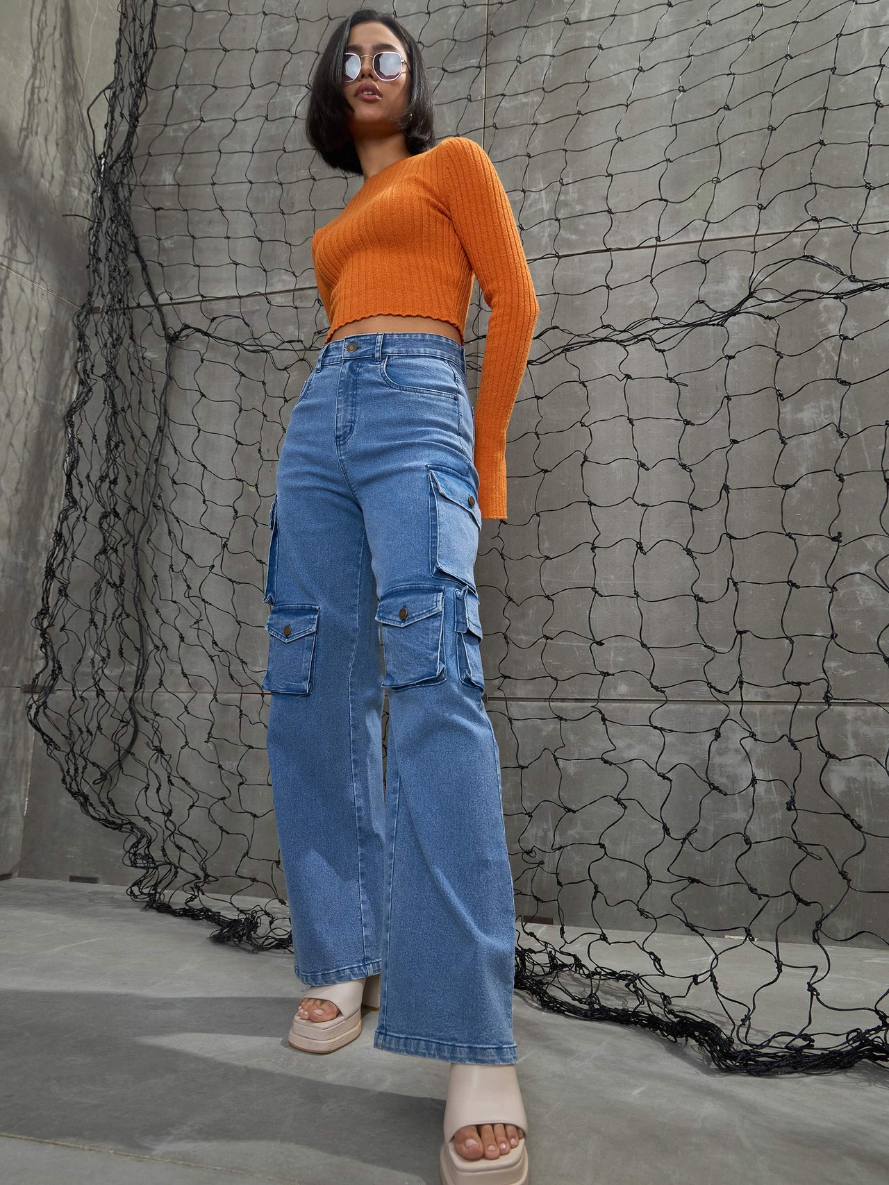 Lyush Women Blue Denim Multi Pockets Cargo Jeans