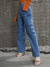 Thumbnail for Lyush Women Blue Denim Multi Pockets Cargo Jeans