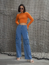Thumbnail for Lyush Women Blue Denim Multi Pockets Cargo Jeans
