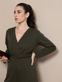 Thumbnail for Lyush Women Olive V-Neck Belted Jumpsuit