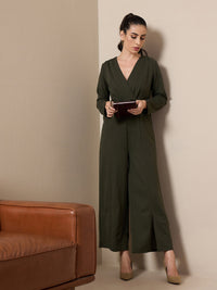 Thumbnail for Lyush Women Olive V-Neck Belted Jumpsuit