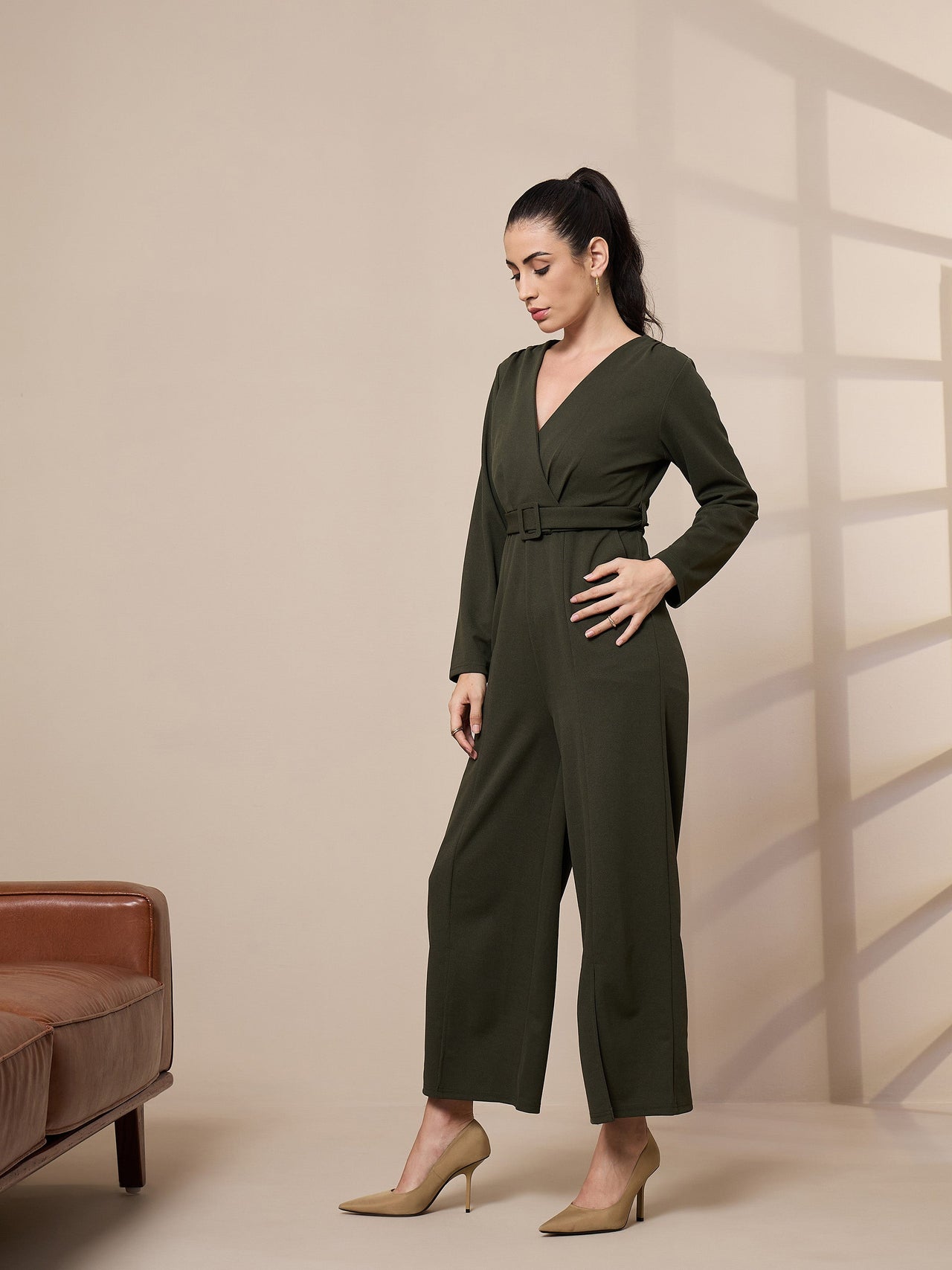 Lyush Women Olive V-Neck Belted Jumpsuit