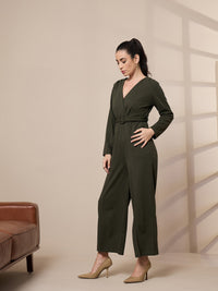 Thumbnail for Lyush Women Olive V-Neck Belted Jumpsuit