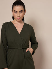Thumbnail for Lyush Women Olive V-Neck Belted Jumpsuit