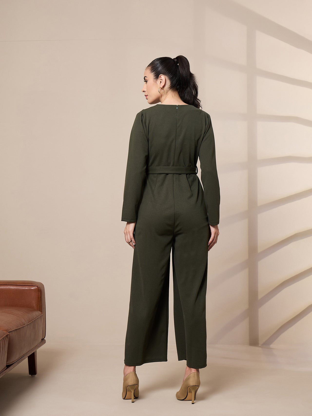 Lyush Women Olive V-Neck Belted Jumpsuit