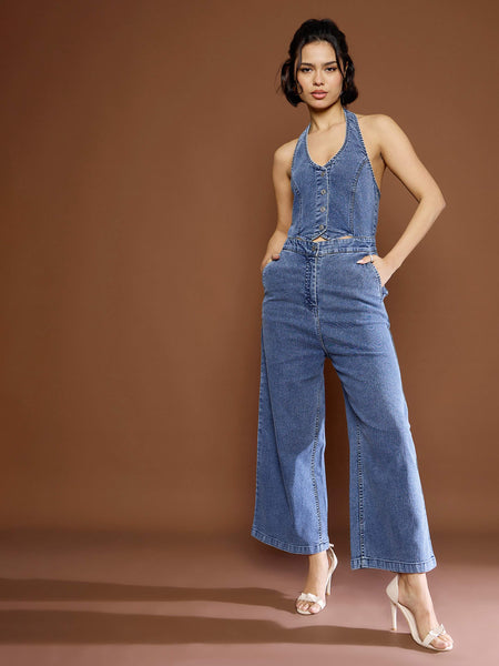 Lyush Women Blue Blast Denim Halter Neck Jumpsuit