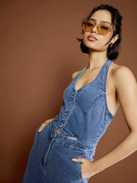 Thumbnail for Lyush Women Blue Blast Denim Halter Neck Jumpsuit