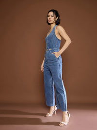 Thumbnail for Lyush Women Blue Blast Denim Halter Neck Jumpsuit