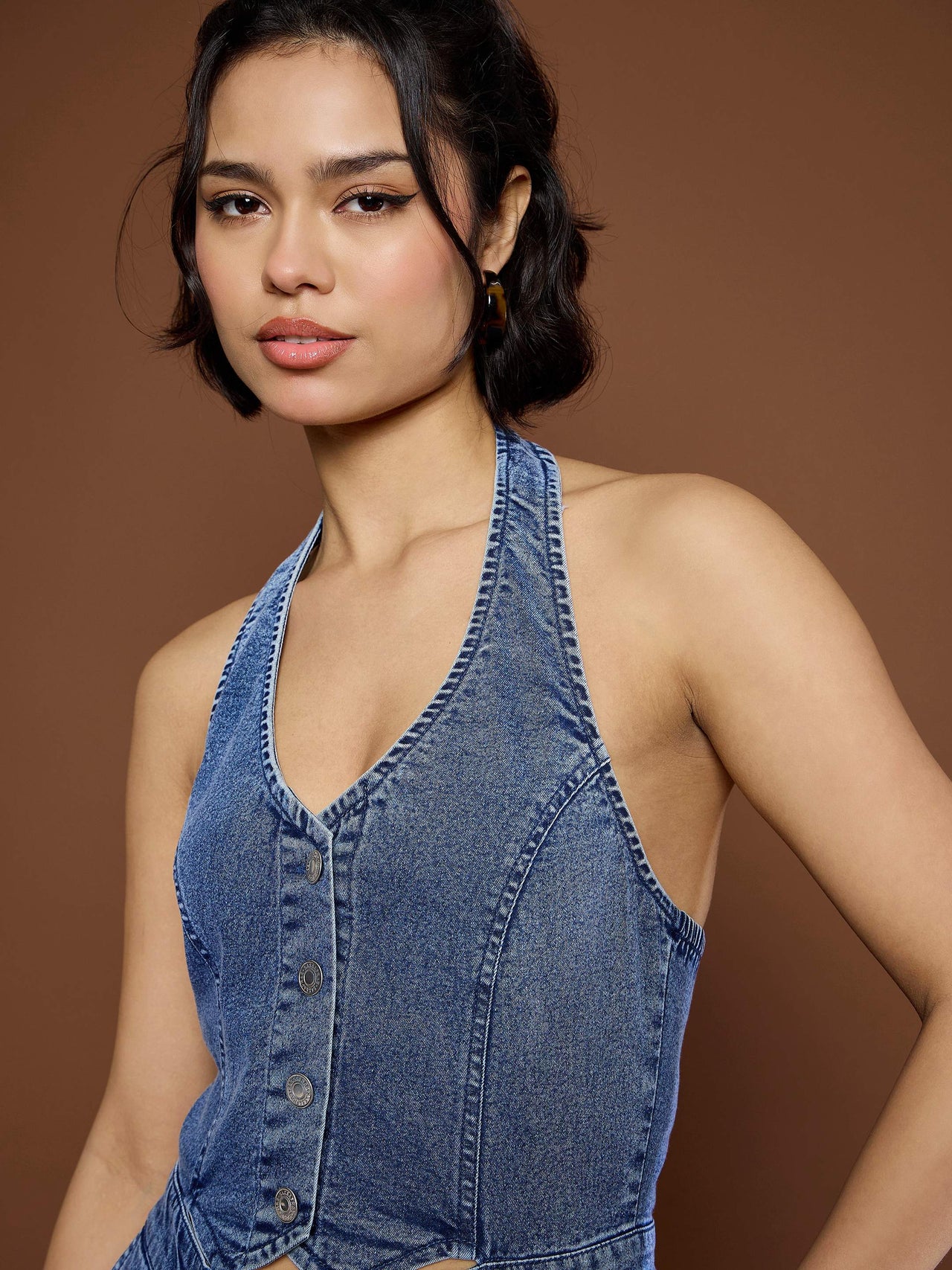 Lyush Women Blue Blast Denim Halter Neck Jumpsuit