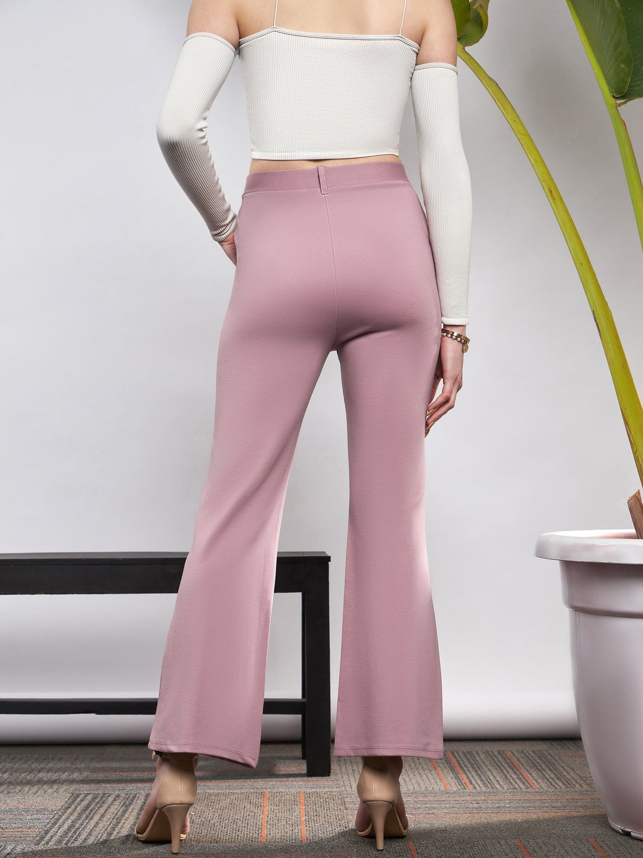 Lyush Women Light Pink Knit Bell Bottom Pants