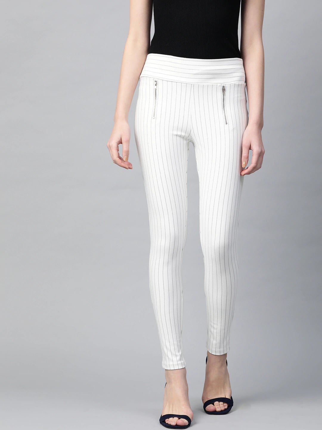 Lyush White Side Zipper Striped Jeggings