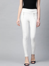 Thumbnail for Lyush White Side Zipper Striped Jeggings