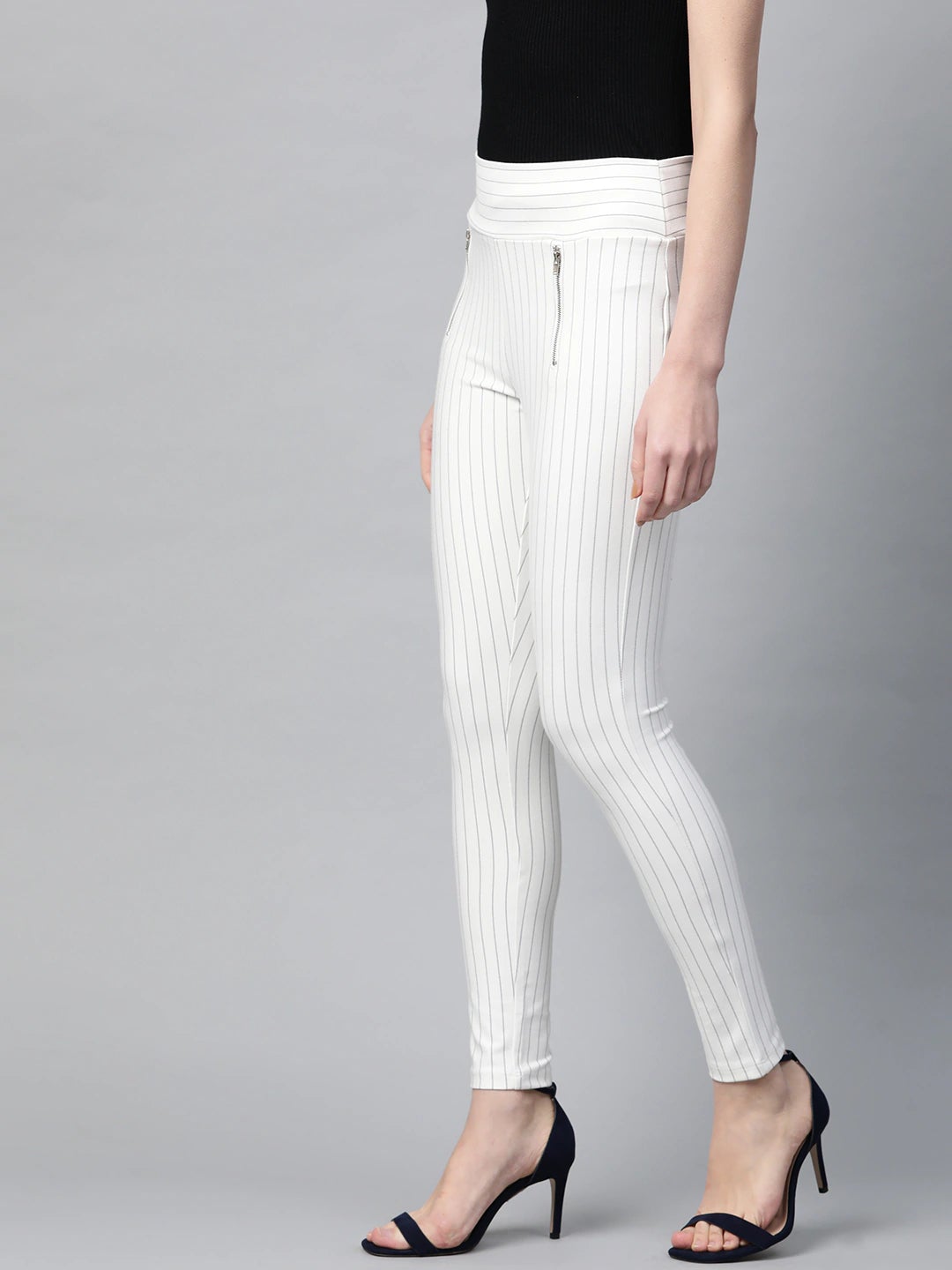 Lyush White Side Zipper Striped Jeggings