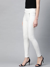 Thumbnail for Lyush White Side Zipper Striped Jeggings