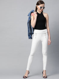 Thumbnail for Lyush White Side Zipper Striped Jeggings