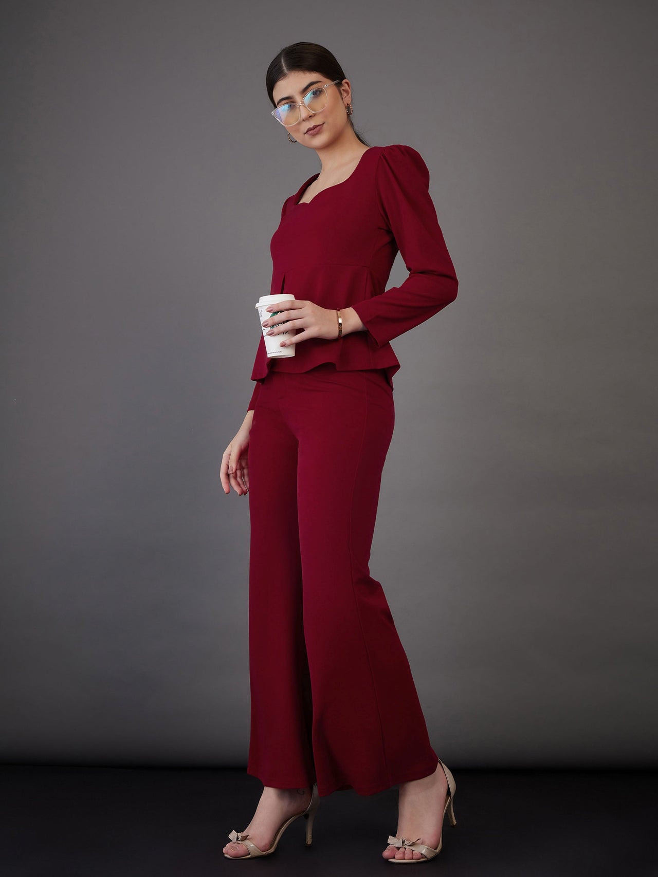 Lyush Women Red Peplum Top With Bell Bottom Pants - Distacart