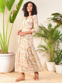 Thumbnail for Lyush Women Nude Floral Crop Top With Flared Midi Skirt