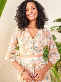 Thumbnail for Lyush Women Nude Floral Crop Top With Flared Midi Skirt