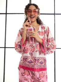 Thumbnail for Lyush Women White & Pink Floral Top With Pants