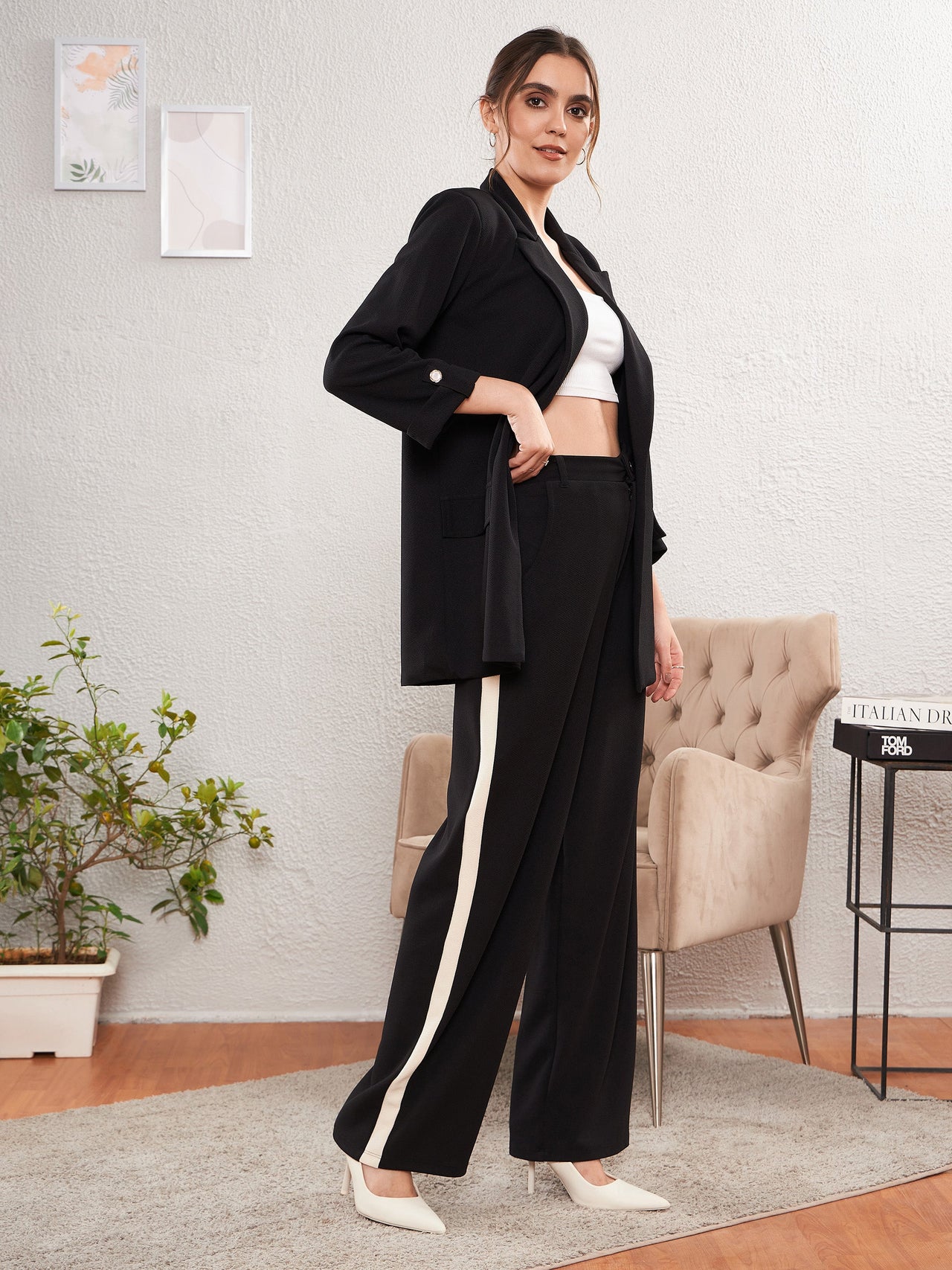 Lyush Women Black Longline Blazer With Side Tape Pants
