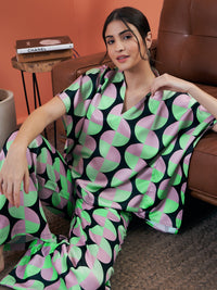 Thumbnail for Lyush Women Black Satin Abstract Printed Kaftan Top With Lounge Pants