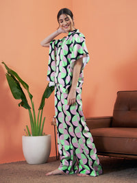 Thumbnail for Lyush Women Black Satin Abstract Printed Kaftan Top With Lounge Pants