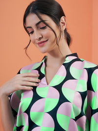 Thumbnail for Lyush Women Black Satin Abstract Printed Kaftan Top With Lounge Pants