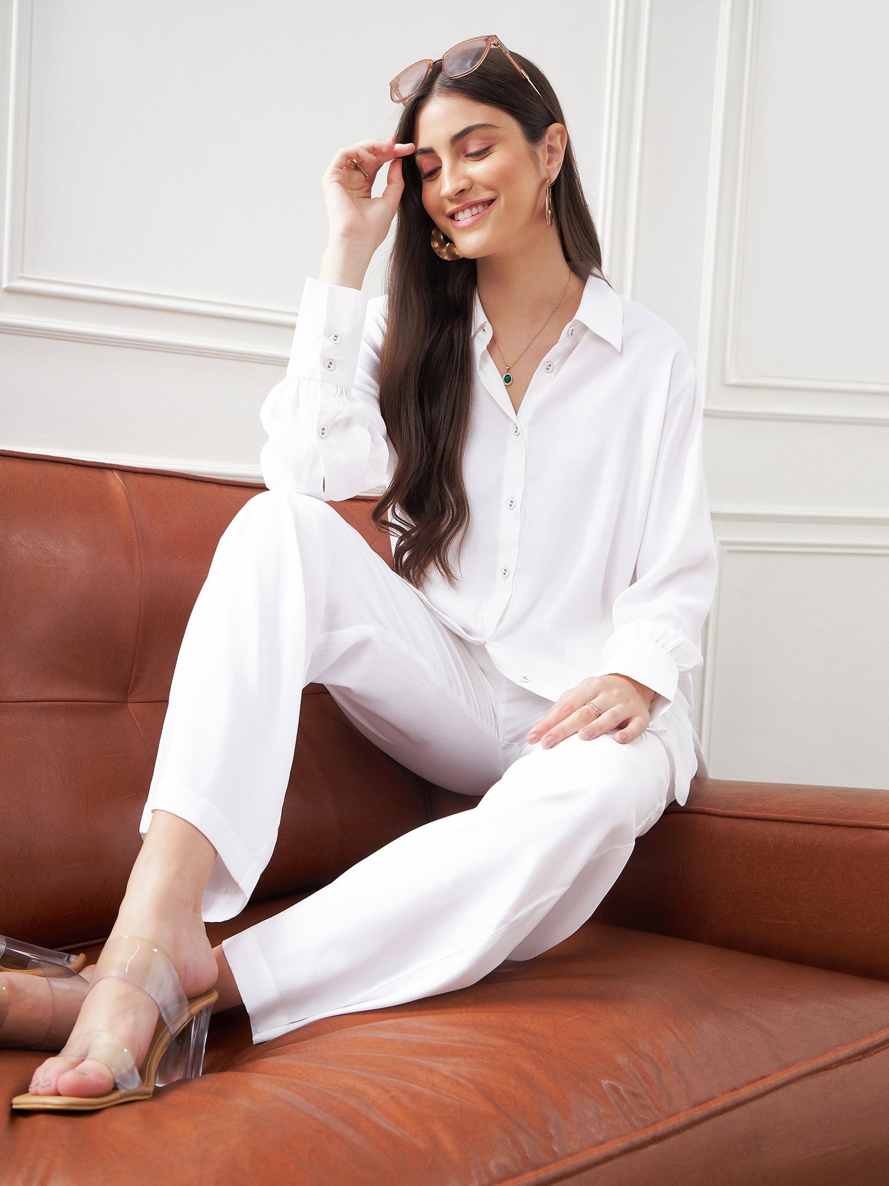 Lyush Women White Satin Shirt With Lounge Pants