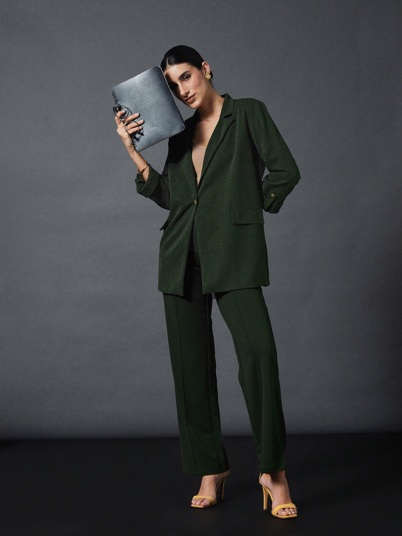 Lyush Women Olive Longline Blazer With Darted Pants