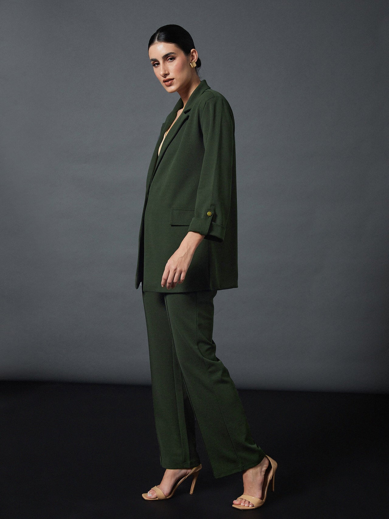 Lyush Women Olive Longline Blazer With Darted Pants