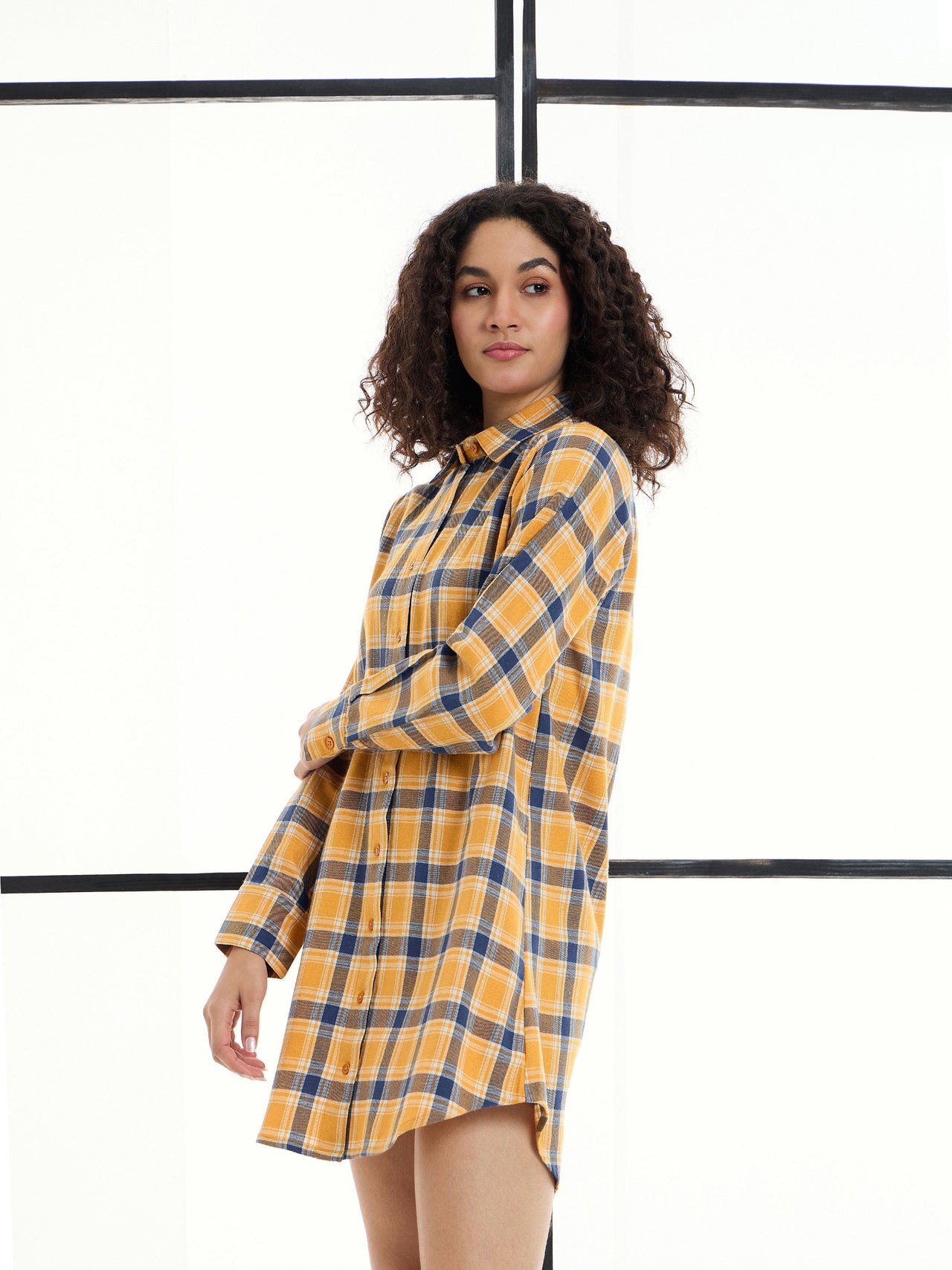 Lyush Women Yellow & Navy Check Lounge Longline Shirt