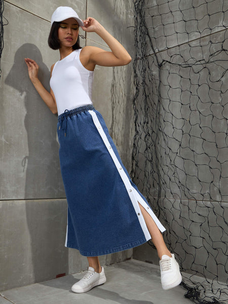 Lyush Women Blue Blast Contrast Tape Maxi Skirt