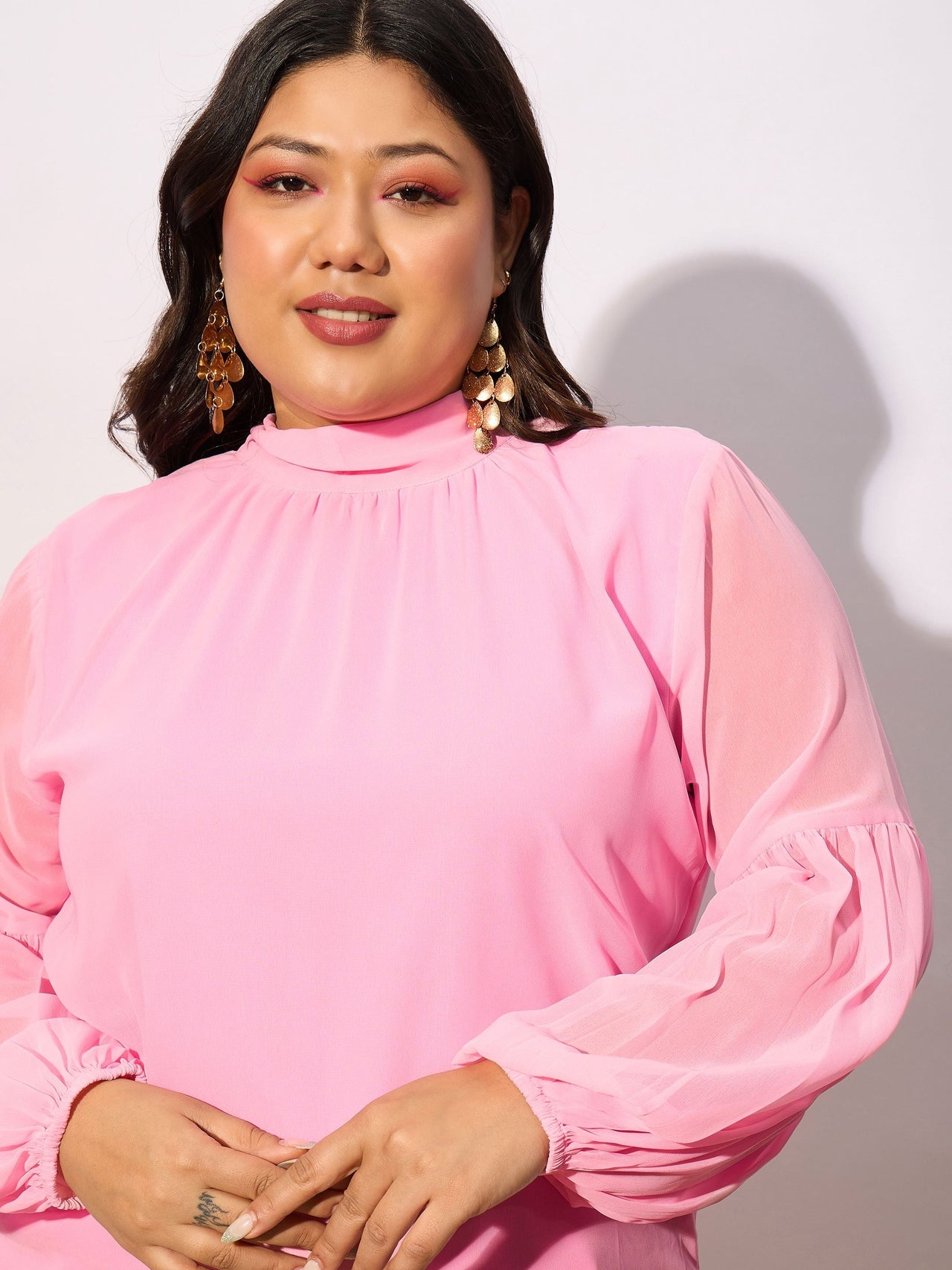 Lyush Women Pink Balloon Sleeves Top