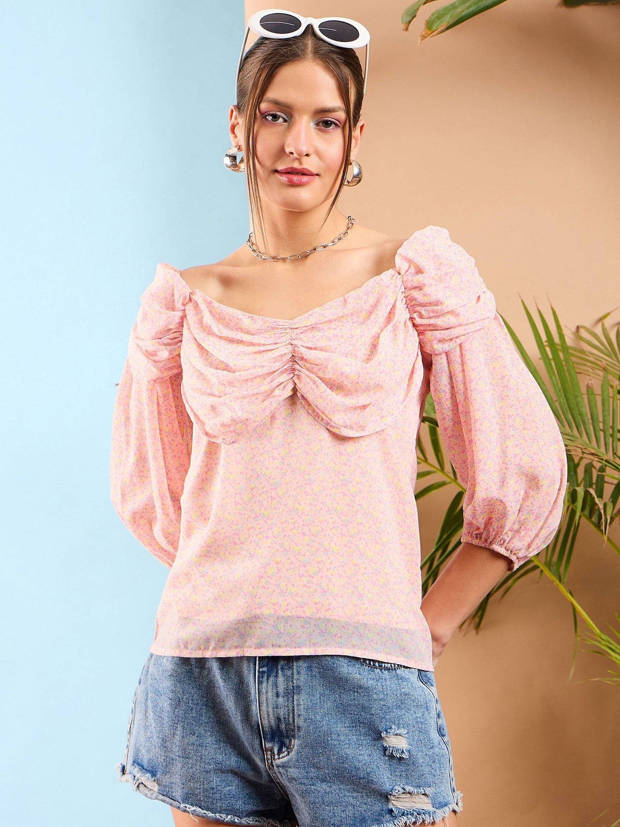 Lyush Women Pink Ditsy Floral Ruched Cowl Neck Top