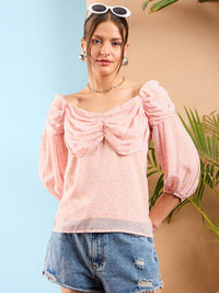 Thumbnail for Lyush Women Pink Ditsy Floral Ruched Cowl Neck Top