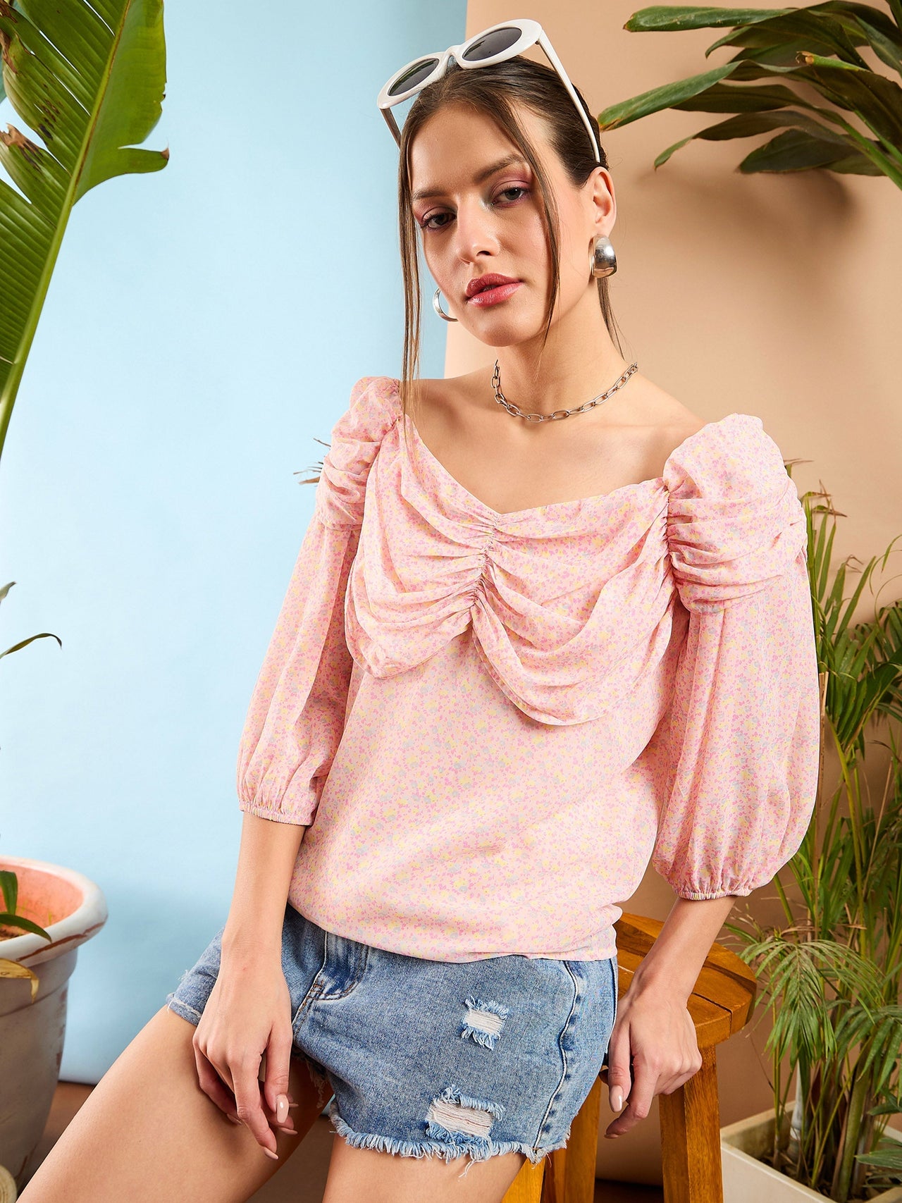 Lyush Women Pink Ditsy Floral Ruched Cowl Neck Top
