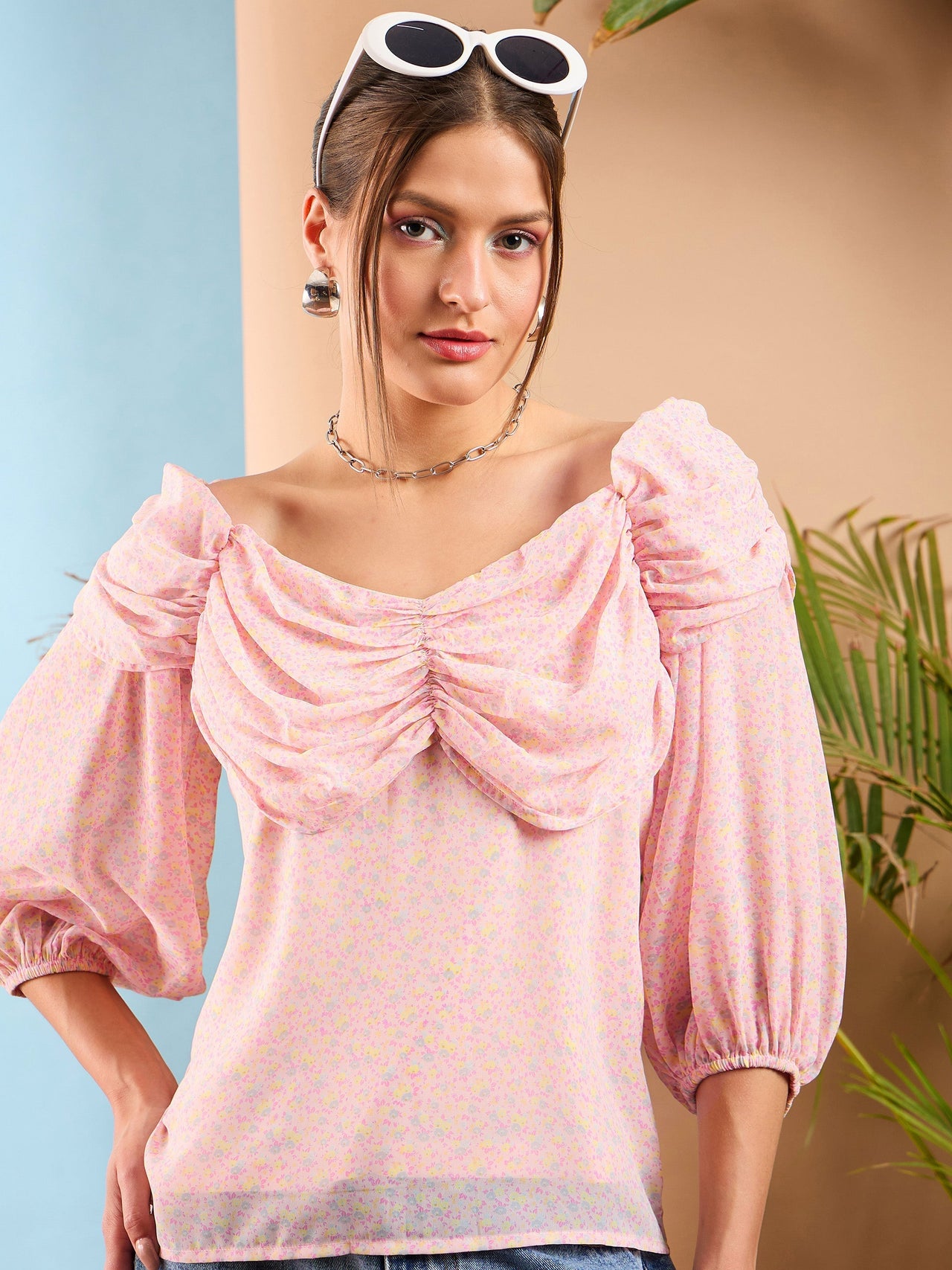 Lyush Women Pink Ditsy Floral Ruched Cowl Neck Top