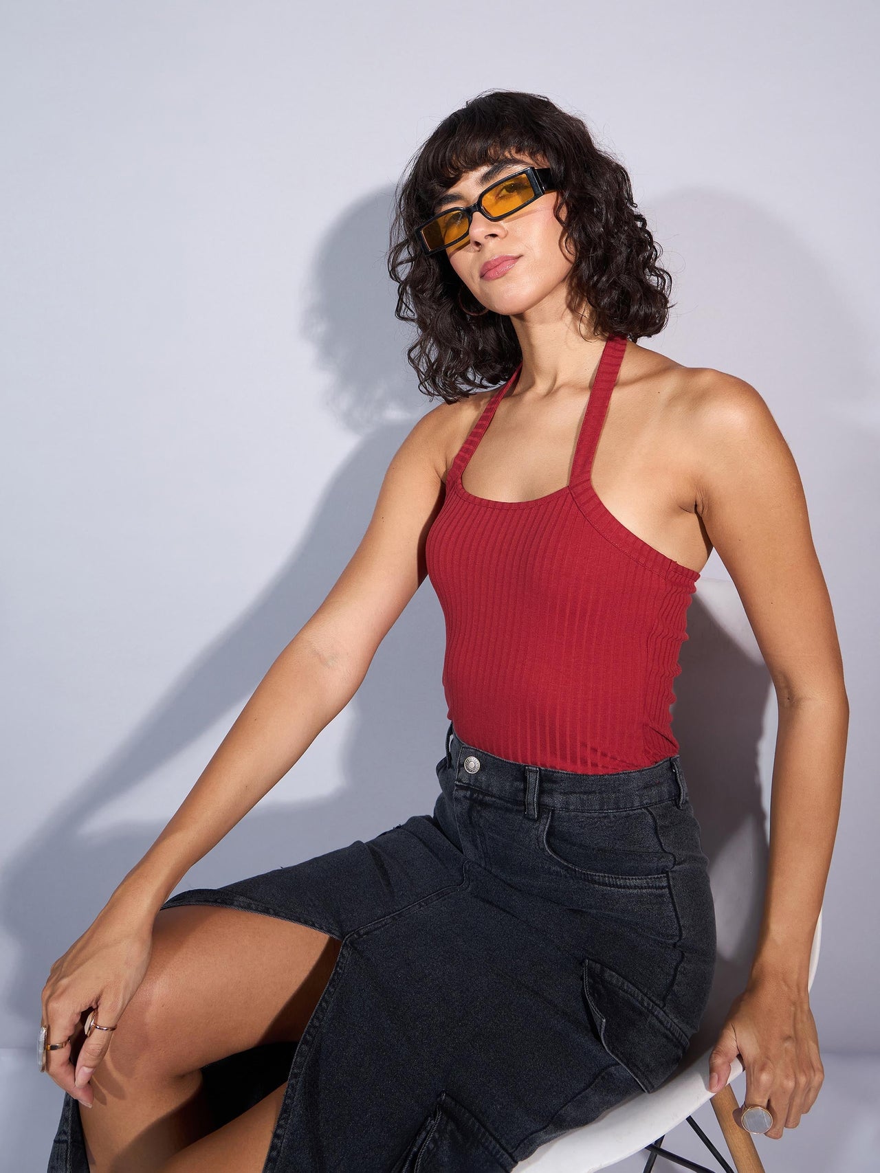 Lyush Women Rust Rib Halter Neck Top