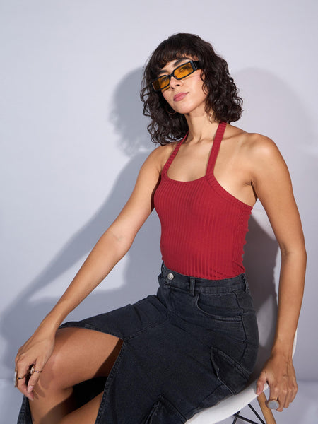 Lyush Women Rust Rib Halter Neck Top